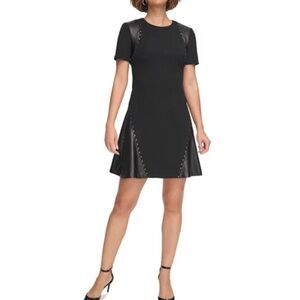 DKNY Women's Studded Mixed-Media Fit & Flare Mini Dress Black Size 6